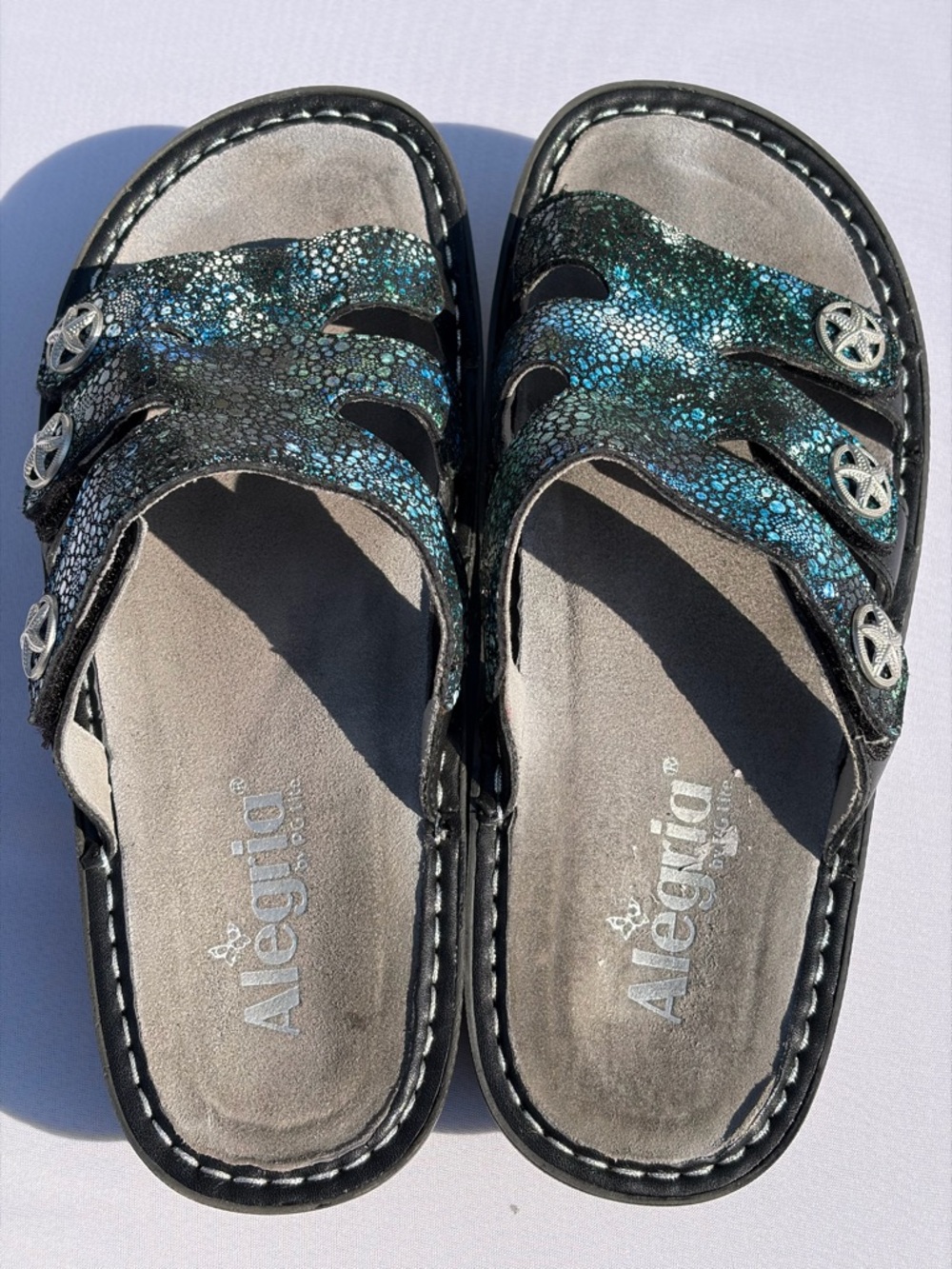 Alegria Iridescent Deep Sea Blue Sparkle Slide Sandals Dinah 38 - Picture 6 of 6